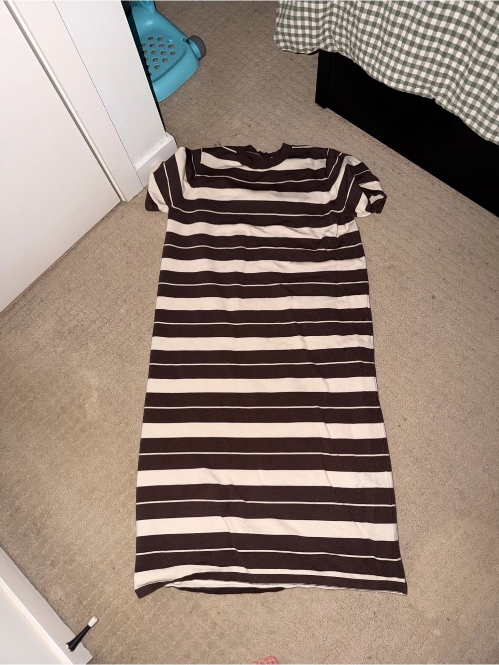 SHEIN Brown & Cream Striped Short-Sleeve Midi Dress